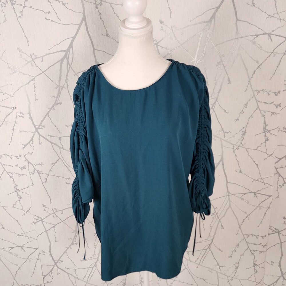 Maison Cinqcent Forest Green Ruched Sleeve Round Neck Top